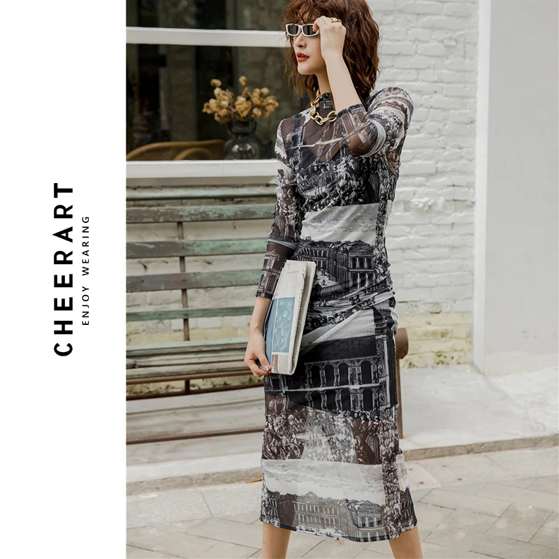 CHEERART 2020 длинное прозрачное Сетчатое платье с длинным рукавом и принтом водолазка