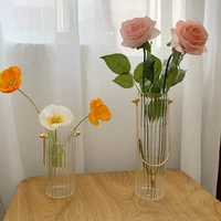 European Vertical Pattern Glass Hydroponic Vase with Metal Handle Simple Home Desktop Decoration Vase Desk Storage Bucket 1