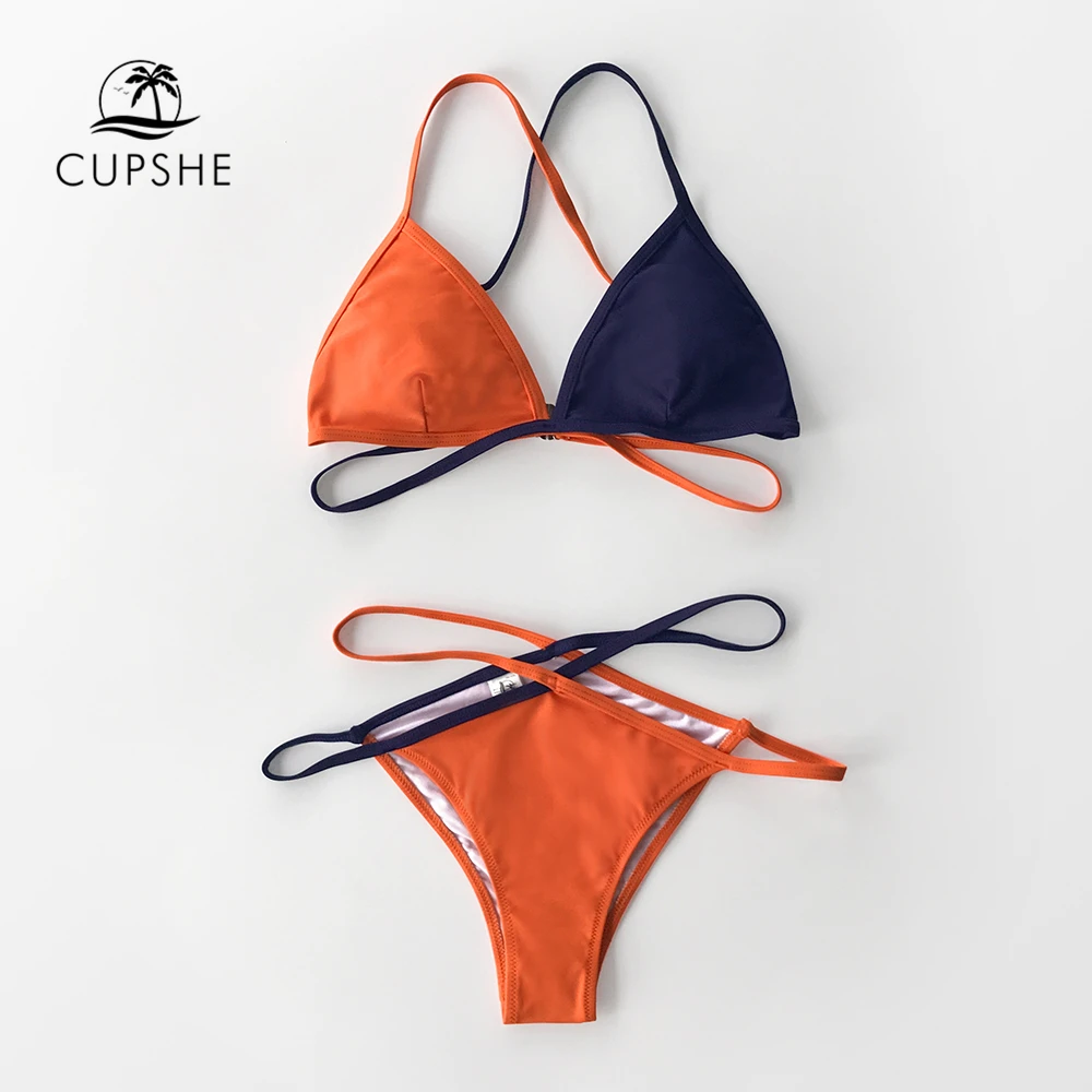 CUPSHE, оранжевые и темно-синие стринги, комплекты бикини, сексуальный купальник с вырезами, Мягкий купальник, две части, купальники для женщин,, пляжные купальники