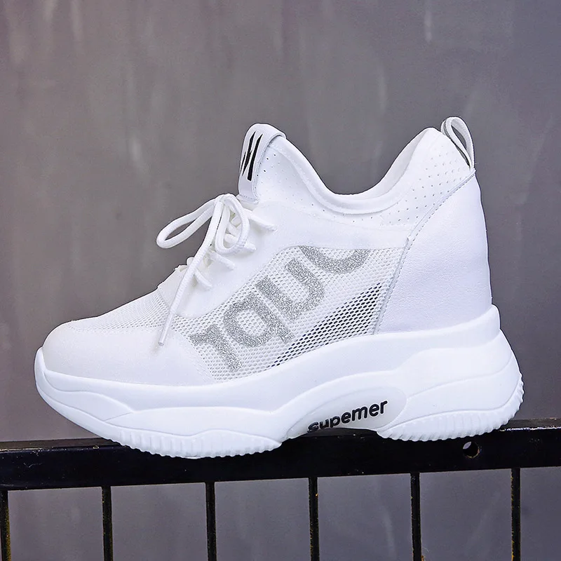 

Women's Platform Shoes High Heel Increasing Ladies Shoes Lace Up Mesh Breathable Weges Woman Chunky Sneakers White Casual Shoes
