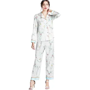 

Women Floral Pajamas Set Faux Silk Long Sleeve Button Down Tops Pants Sleepwear