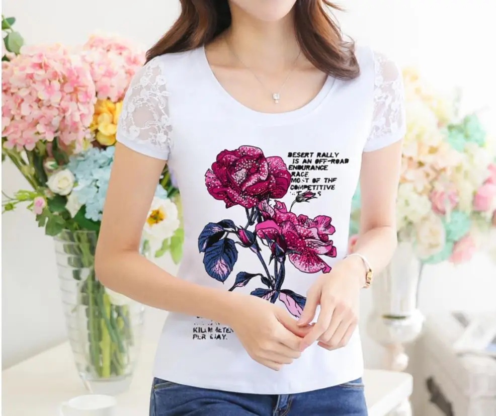 Camisetas Mujer летние Стразы футболка Для женщин кружева короткий рукав леди, поставленные зоводами непосредственно Для женщин s футболка Женские ромбовидные Топы