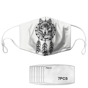 

Unisex Mask With 7 Filters Paper Wolf Dream Catcher Print White Mouth Mask For Women Washable Reusable Elastic Mouth Cover Masks