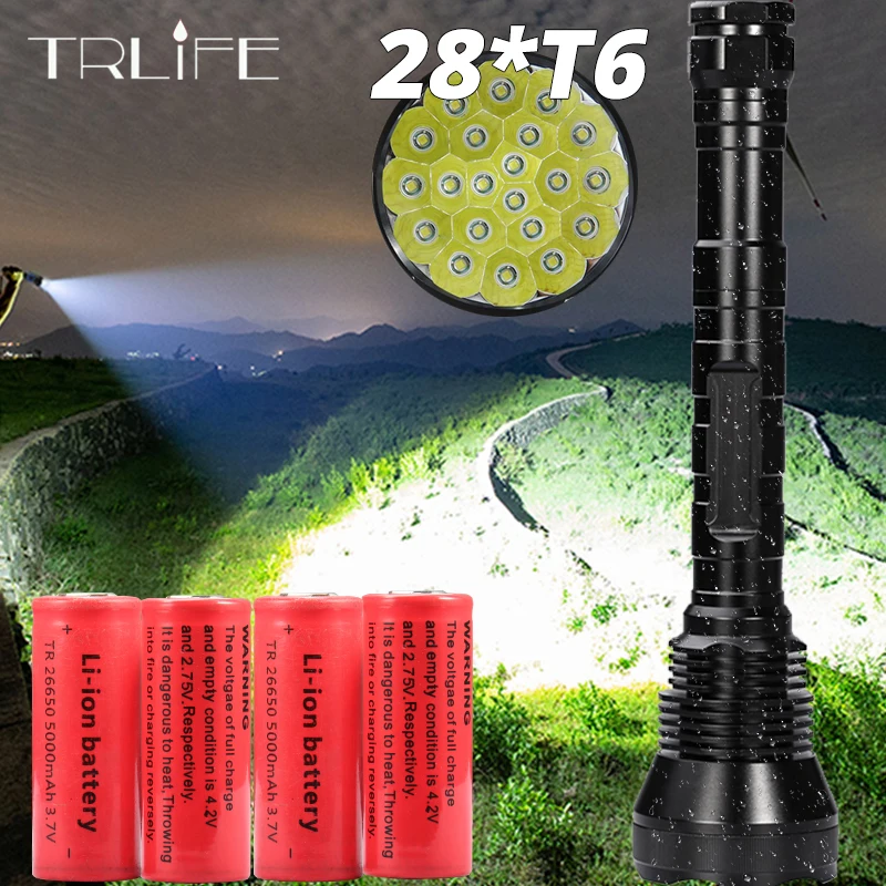 

Most Brightest 150000 Lumens LED Flashlight 5 Mode 28*T6 Strong Torch Flash Light lamp torche with 4*26650 battery and Charger