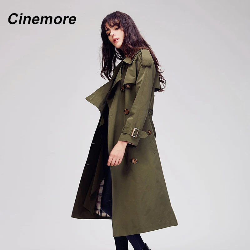Cinemore 2020 Осенняя женская обувь новые модные двубортный плащ Тренч пальто в