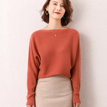 

LITVRIYH Autumn New 100% wool knitted sweater women pullover long sleeve slash collar female pullover women sweater soft jumpers