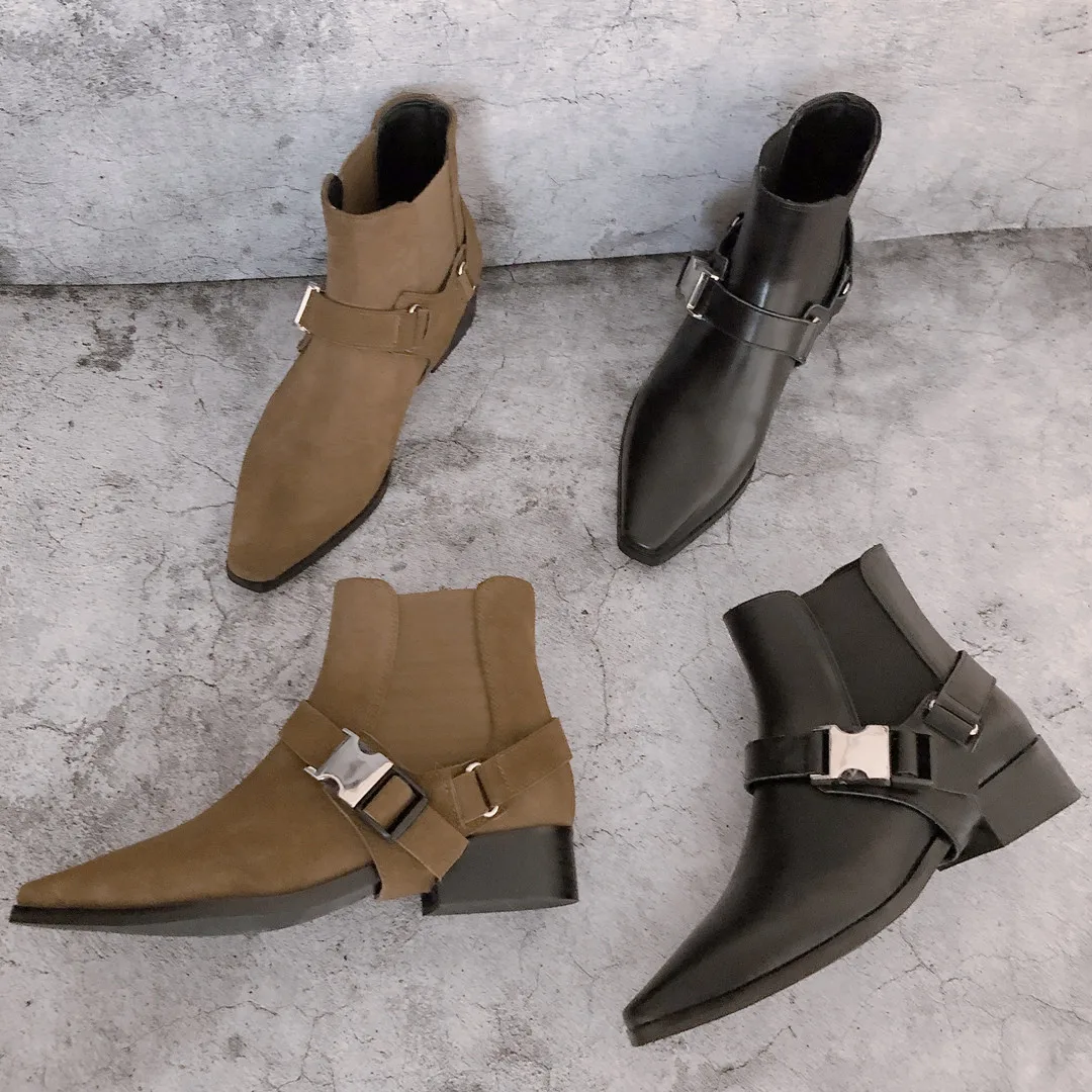Женские ботинки; Botas mujer Invierno; коллекция года; женская обувь на среднем каблуке с пряжкой; черные ботинки «Челси» с острым носком; Botas Mujer