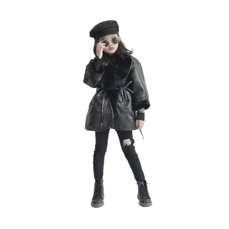 

Lapel Leather Girls Jacket Winter Warm Thick Fur All-in-one Pu Plus Velvet Loose Mid-length Motorcycle Cool Jacket