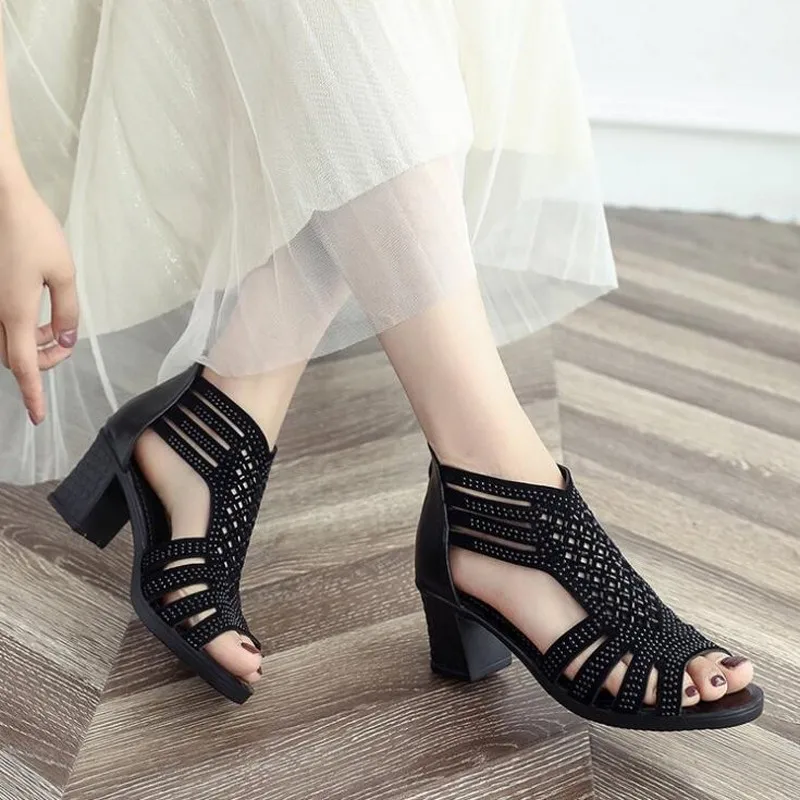 

Women Sandals Fashion Crystal Hollow Out Peep Toe Wedges Sandals High Heeled Shoes Zapatos Mujer Tacon Chaussures Femme Ete