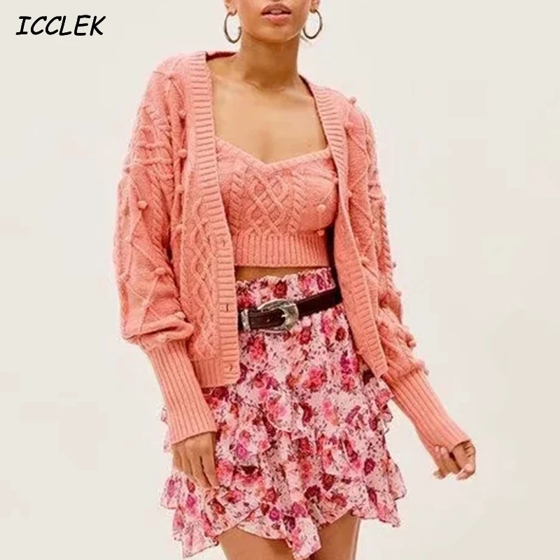 

za Women's Cardigan Sweaters femme chandails ropa de mujer 2020 Two Piece Cropped Jumpers Knitted Jackets pull hiver Pink Knit