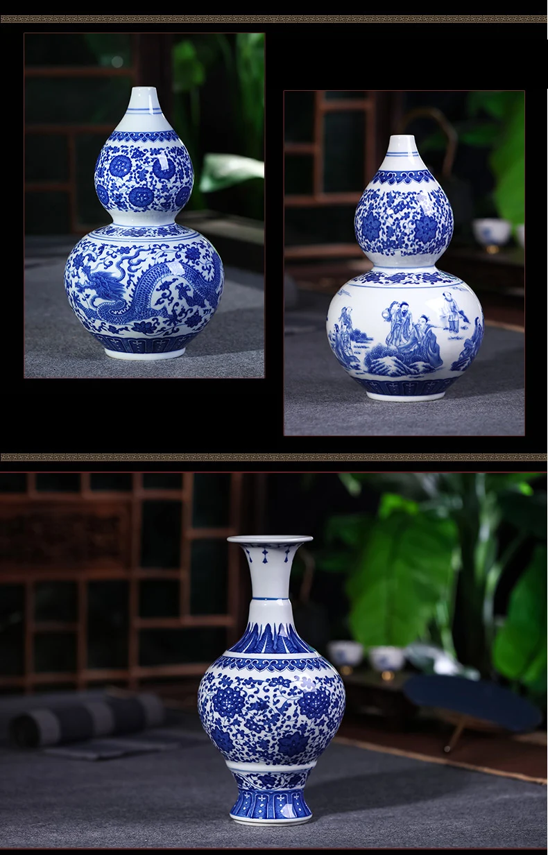 Украшения для дома в китайском стиле ваза сине-белая гостиная центральный фарфоровые подарки азиатские вазы с подставкой цветок Дракон пейзаж печать