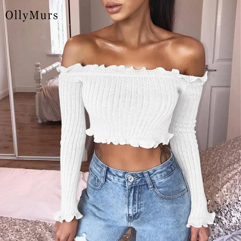 

Sexy Club Off Shoulder Crop Top Women Ruffle Ribbed Long Sleeve Strapless Short Slash Neck Basic Autumn 2019 Tops