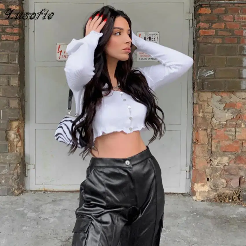 Lusofie 2020 new Women Button-Vest fashion short Tops thin slim Sweater long Sleeve Tank-Top stretchy Ladies knitted T Shirts