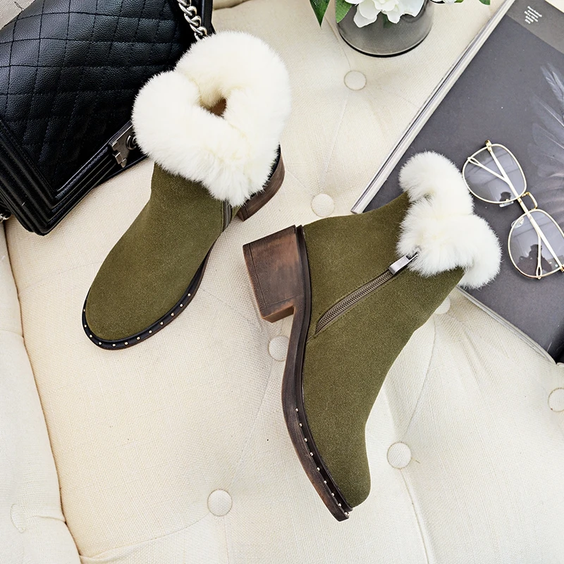 ORCHA LISA/женская зимняя обувь; зимние ботинки из коровьей замши; обувь из натуральной кожи; женские Теплые ботильоны на кроличьем меху; bottes femme на молнии