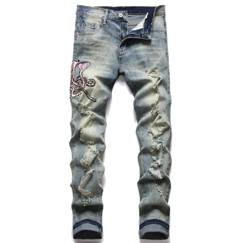 

Men's Jeans New European American Style Fashion Hipster Ripped Slim Stretch Embroidered Cobra Men's Jeans Fashion Pants