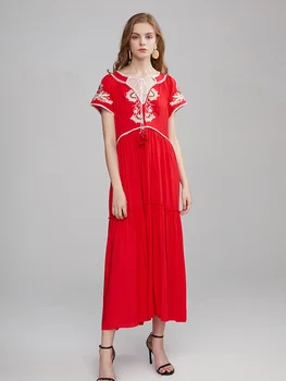

New summer holiday beach dress Bohemia Nepal Island dress ethnic loose embroidery long dress