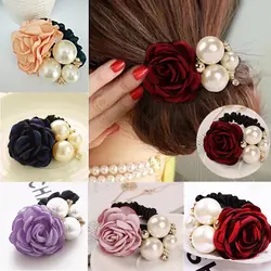 1PC Women Satin Ribbon Rose FlowerElastic Hair Band Pearls Hairband Ponytail Holder Hair Band Headwear