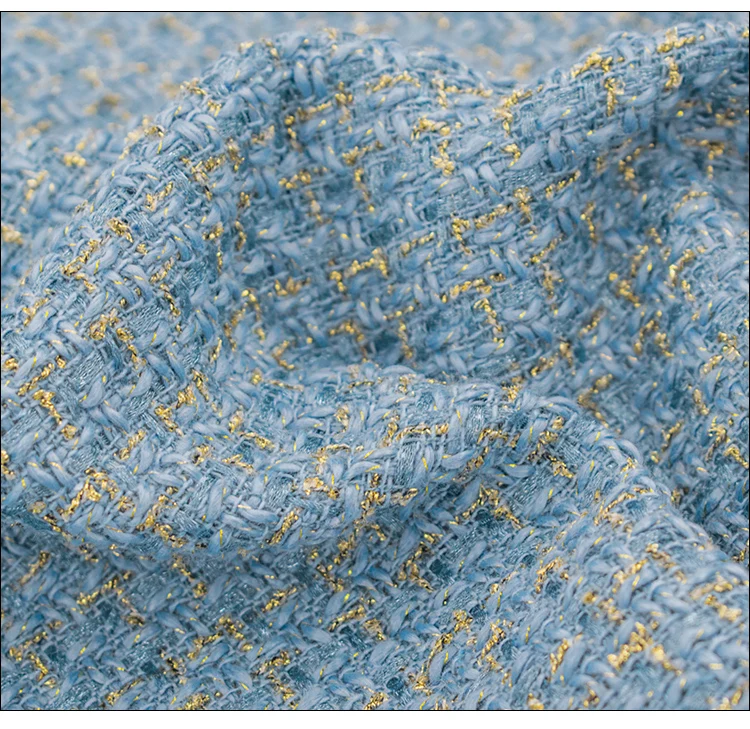 Blue Gold Wire Plaid Weave Tweed Fabric For Coat Skirt Tissus Au Mètre Telas Por Metro Tкань для шитья Tissu Sewing Tela Tecido