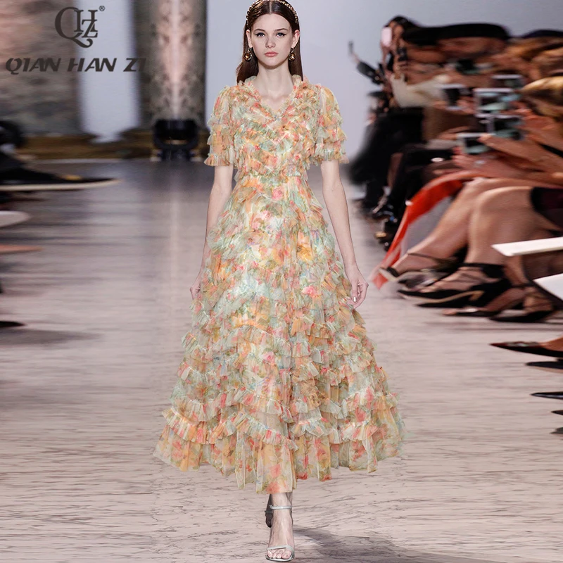 

Qian Han Zi summer fashion Maxi dress Women V-neck vintage Mesh print Multi-layer Edible Tree Fungus Puffy party long dress