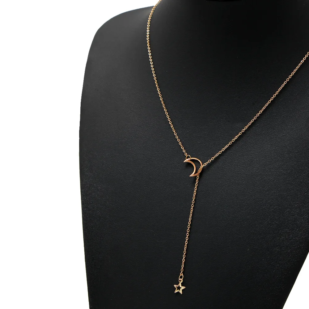 Wholesale Women Simple Alloy Necklaces Moon Star Vintage Minimalist Gold Lariat Necklace 2019