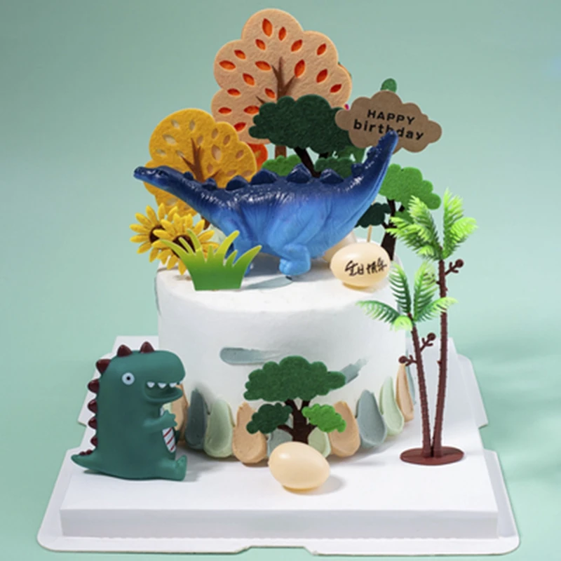 

Dinosaur Cake Toppers Jungle Safari Birthday Party Creative Funny Children's Day Party Decor Dino Egg Palm Felt Tree Boys Gift