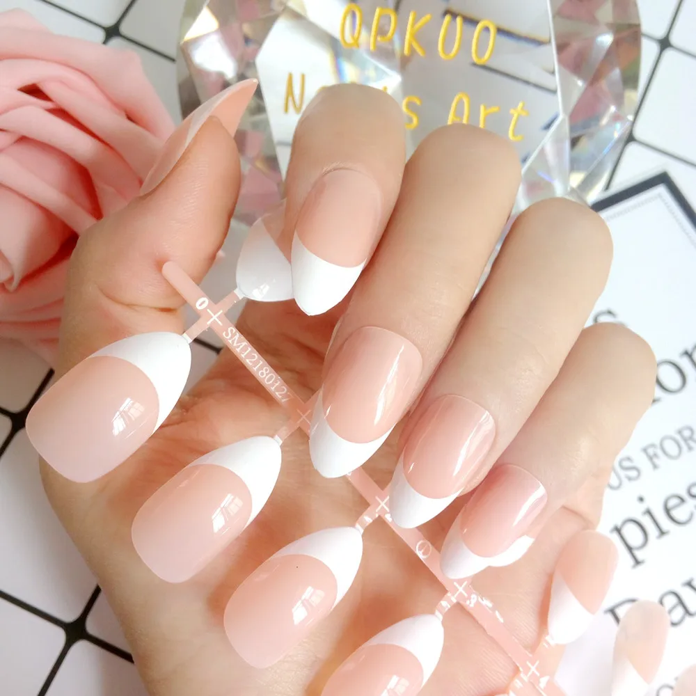 

24 Pcs Lady French Stiletto Nails Natural Artificial Fake Nails False Nails With Designs For Manicure Material Z226