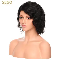Сего Мода Курчаво L часть кружева парики для Для женщин Glueless кружева человеческих волос парики Черный Короткие 100% бразильских натуральная