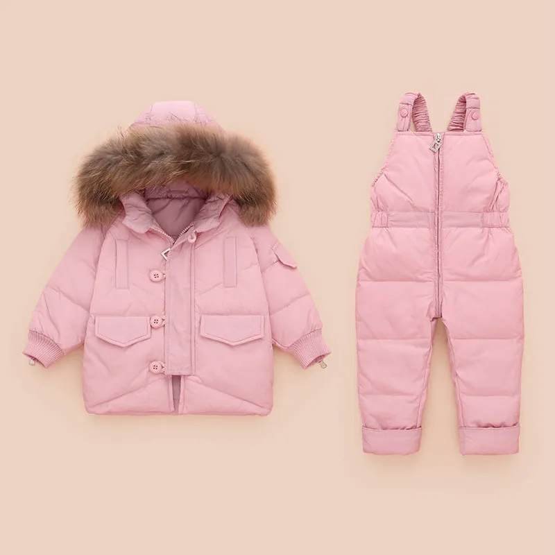 Комплекты одежды для маленьких мальчиков и девочек детская куртка на утином пуху зимняя куртка с натуральным мехом для новорожденных+ штаны-комбинезон детский костюм зимний костюм