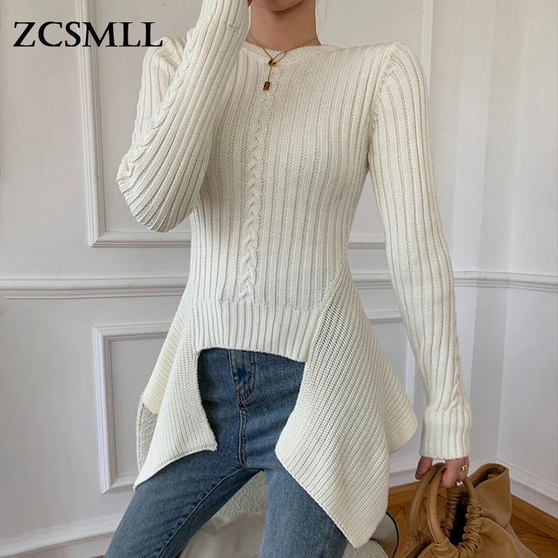 

ZCSMLL Knitted Irregular Hem Pullovers For Women Round Neck Long Sleeve Slim Causal Sweater Female Fashion New Clothing
