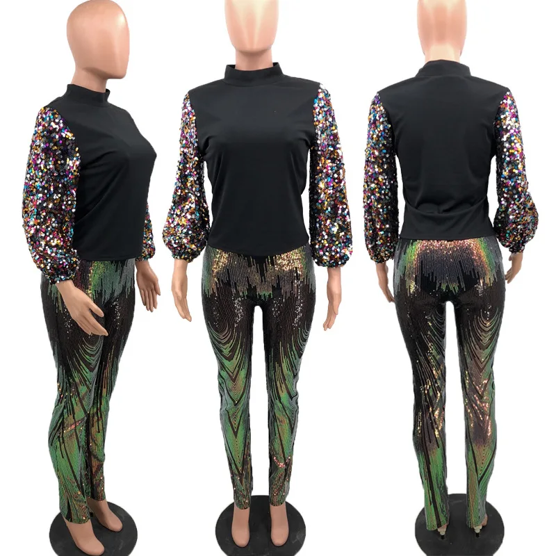 Bling SEQUINS Sleeve Лоскутная Женская Черная Футболка Классическая уличная Femme пуловер с круглым вырезом Футболка Топ