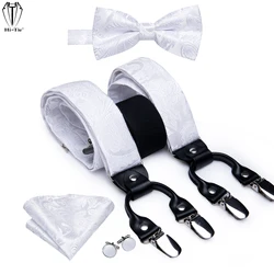 Hi-Tie New Jacquard Silk 6 Clips Mens Suspenders Set White Flower 4PC Male Braces Bowtie Pocket Square Cufflinks Adjustable Gift