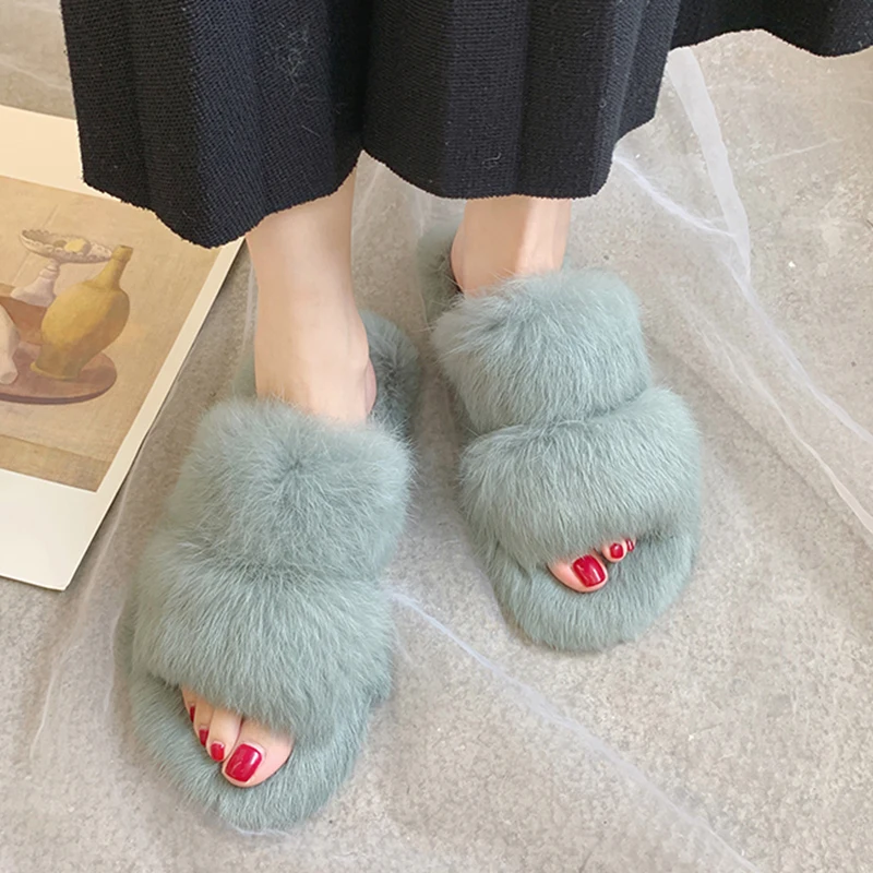 2019 New Winter Soft Furry Slippers Warm Flip Flops Flat Bedroom House Home Indoor Slippers Plush Cute Slippers Women Fur Slides