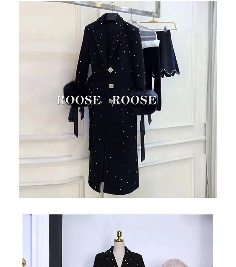 Новое зимнее черное с поясом длинное пальто с меховым рукавом женская элегантная приталенная куртка