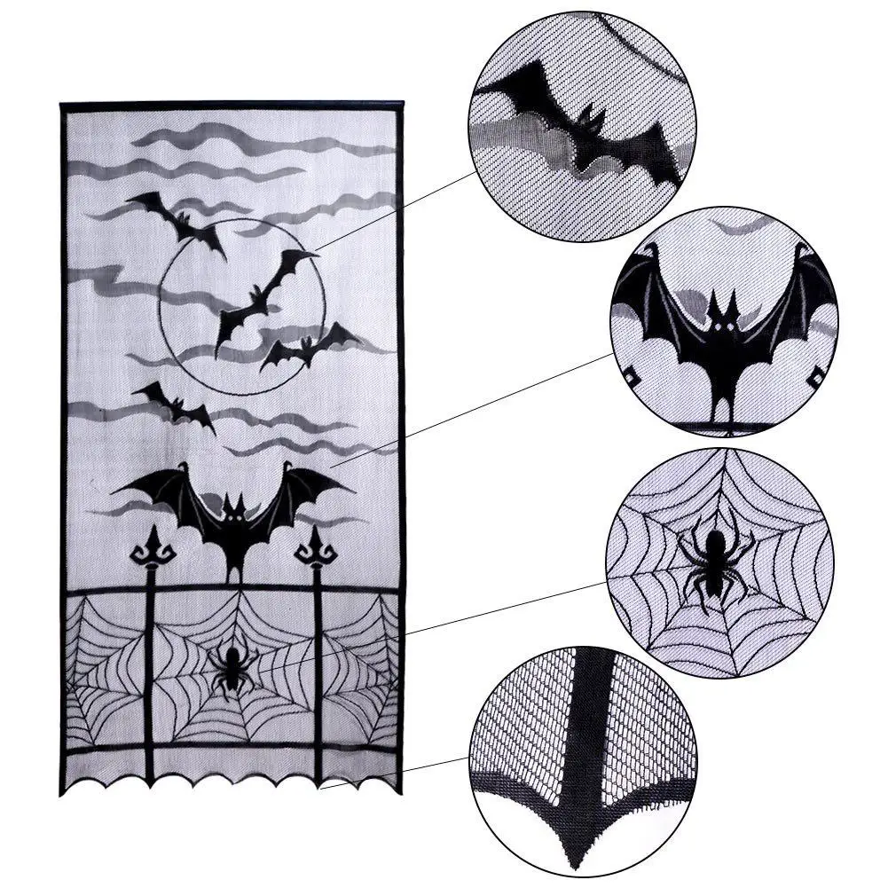 

213x101cm Halloween Decor Lace Bat Cobweb Door Window Curtain Drape Cloth Cover Spooky Halloween decoration and party accessory