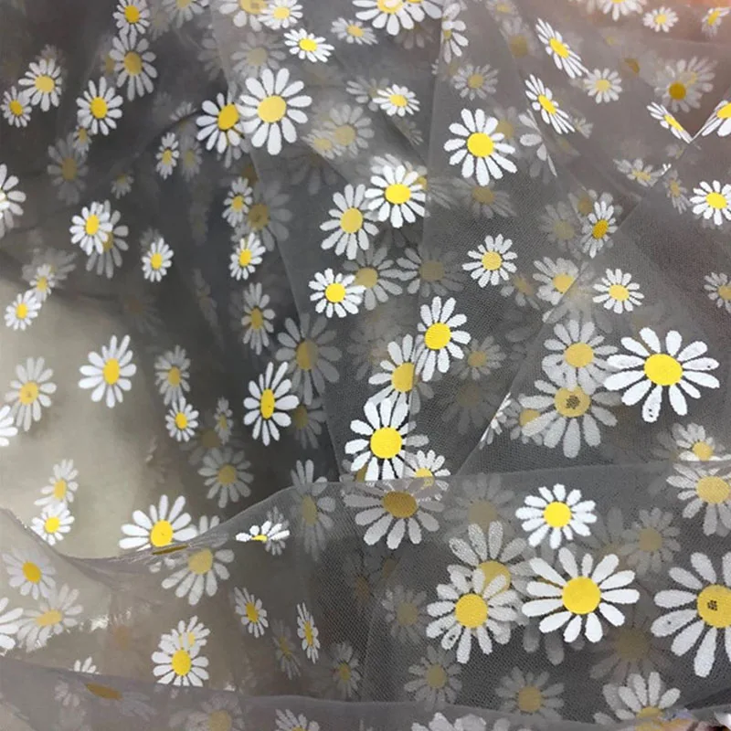 Tissu Mousseline à Fleurs Marguerite - Tulle Voile Pour Robe - Vente Au Mètre