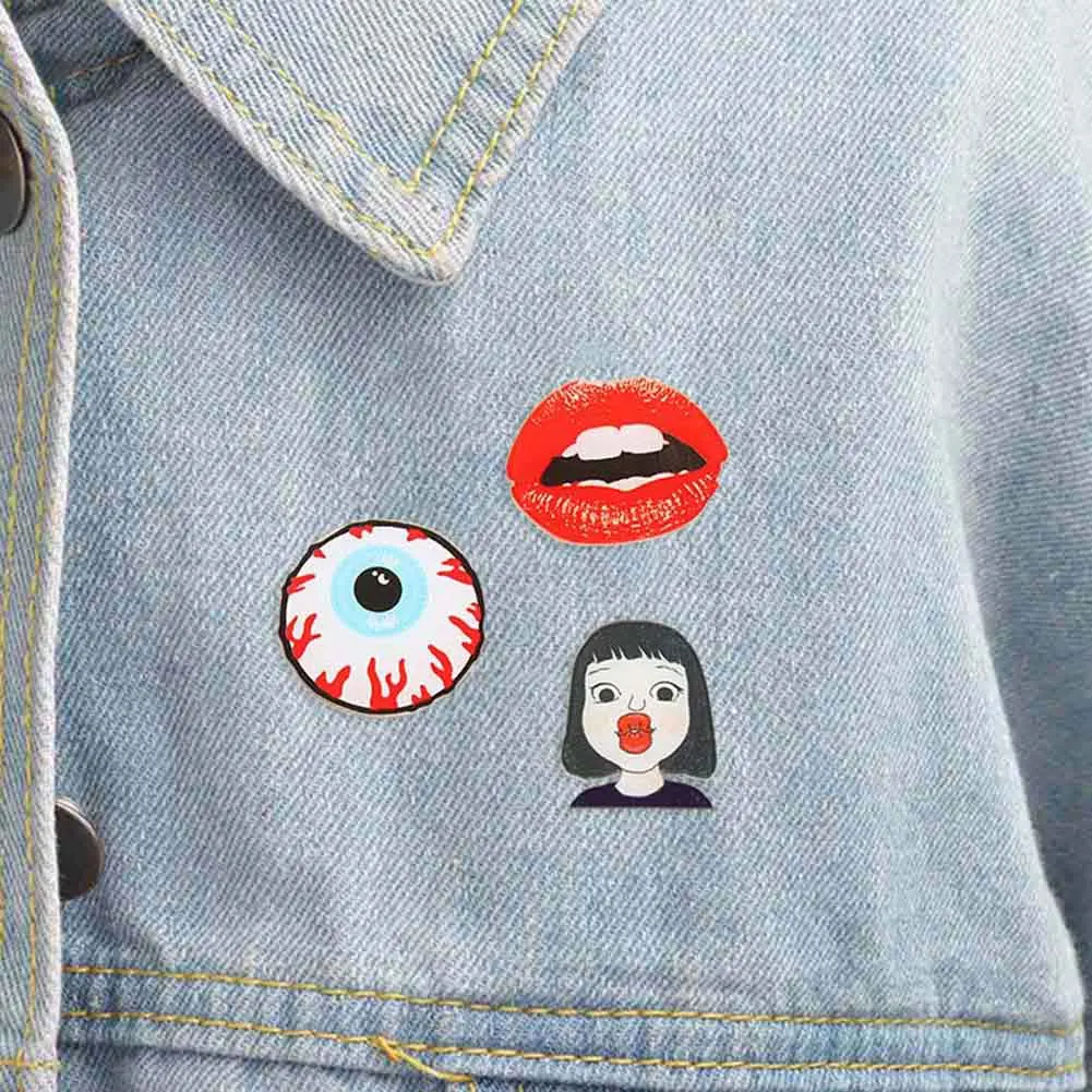 Boy Girl Fruits Red Lips Eye Glasses Cat Brooch Button Pins Denim Lldty