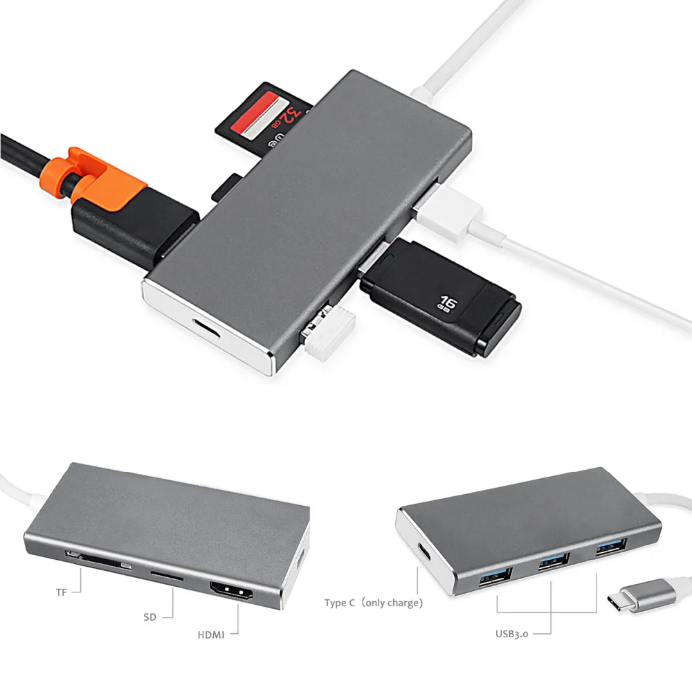 Elisona 7 в 1 USB3.0 тип-c концентратор переходник разветвитель HDMI выход type C зарядный порт TF SD кардридер для Apple MacBook гаджеты