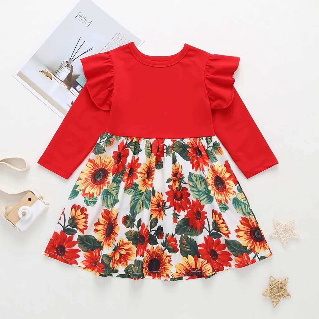 Платья для маленьких девочек вечерние и свадебные платья принцессы хлопковое цельнокроеное платье с длинными рукавами и принтом подсолнуха для девочек осень Y926