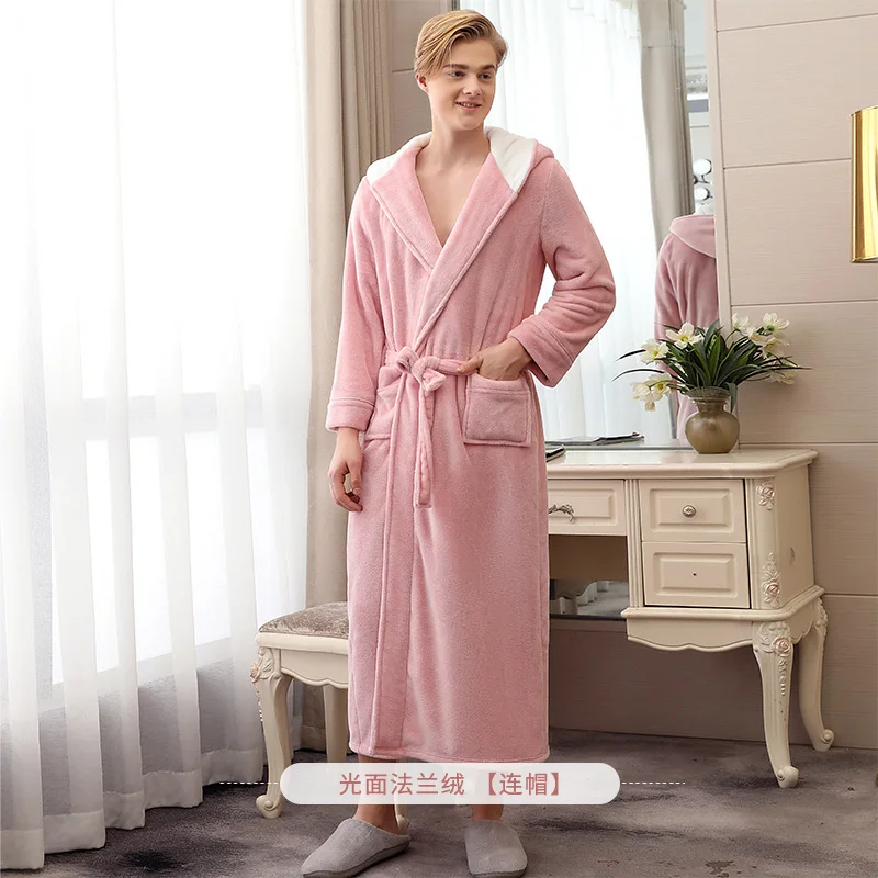 Women Night Robe Nightwear Sleepwear Dress Autumn And Winter Flannel Robe Hooded Bathrobe Thick Pajamas Plus-sized - Color: Pink Men s