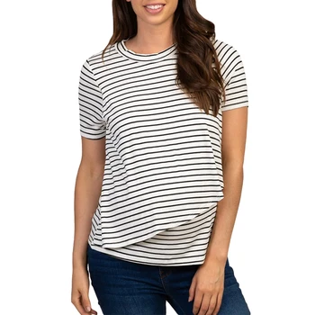 

Women Summer Maternity Short Sleeve Nursing Top Fashion Striped Round Neck Breastfeeding Tee Shirt Tunic Maternity Clothes