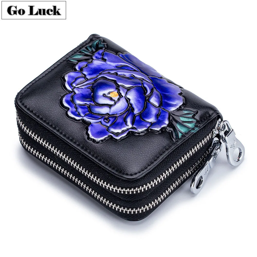 Бренд GO-LUCK, RFID, держатель для кредитных карт, чехол для карт, кошелек, женский кошелек, сумка для монет, двойная молния, дизайн, цветок розы, натуральная кожа