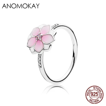 

Anomokay Fashion 100% 925 Sterling Silver Pink Enamel Flower Rings Poetic Daisy Cherry Blossom Finger Ring for Women Jewelry HOT