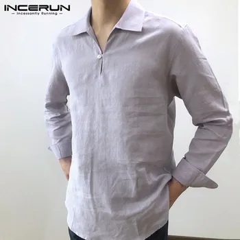 

INCERUN Men's Shirt Solid Color Turn-down Collar Brand 2020 Long Sleeve Casual Blouse Cotton Streetwear Camisas Hombre Harajuku
