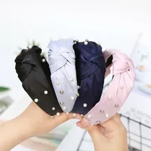 Новая сетчатая пряжа с жемчугом и бисером, милая повязка на голову, Корея, высокое качество, аксессуары для волос для женщин, цветочные банты, двойной узел, широкая повязка на голову