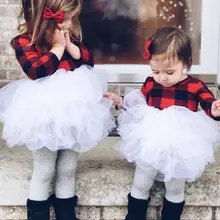 Рождественское платье для новорожденных, маленьких девочек вечерние, красные клетчатая юбка-пачка, многослойные платья с оборками осеннее платье принцессы с длинными рукавами, одежда