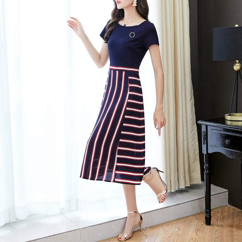 

Contrast Color Stripes Splicing Dress Fake Two Piece Short Sleeve Skirt Female 2020 Summer Temperament Medium Length Money A
