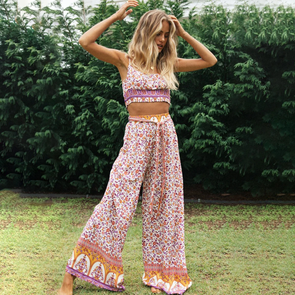 

Jastie 2020 Summer Boho Sets Floral Floral Print Crop Top high-waist Long Pants Two Piece Set Women Clothing Casual Suit Female