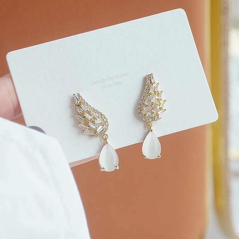 Ins Hot Sale Cute Angle Wing Opai Earring for Women AAA Cubic Crystal Rhinestone Charm Stud Earrings Fashion Jewelry Pendant | Украшения и
