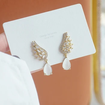 Ins Hot Sale Cute Angle Wing Opai Earring for Women AAA Cubic Crystal Rhinestone Charm Stud Earrings Fashion Jewelry Pendant