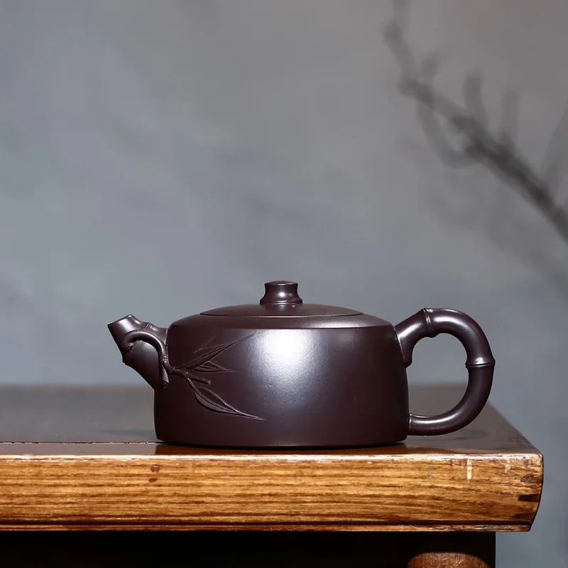 

Yixing masters all handmade bamboo horizon pot of wu min 100 mesh old purple mud purple sand tea set custom wholesale